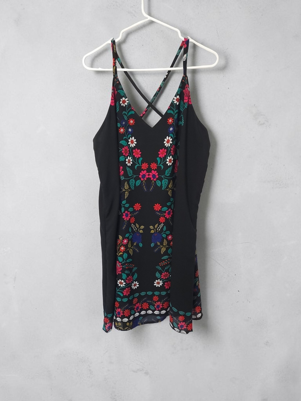 Black Floral V-Neck Slip Dress with Strappy Back